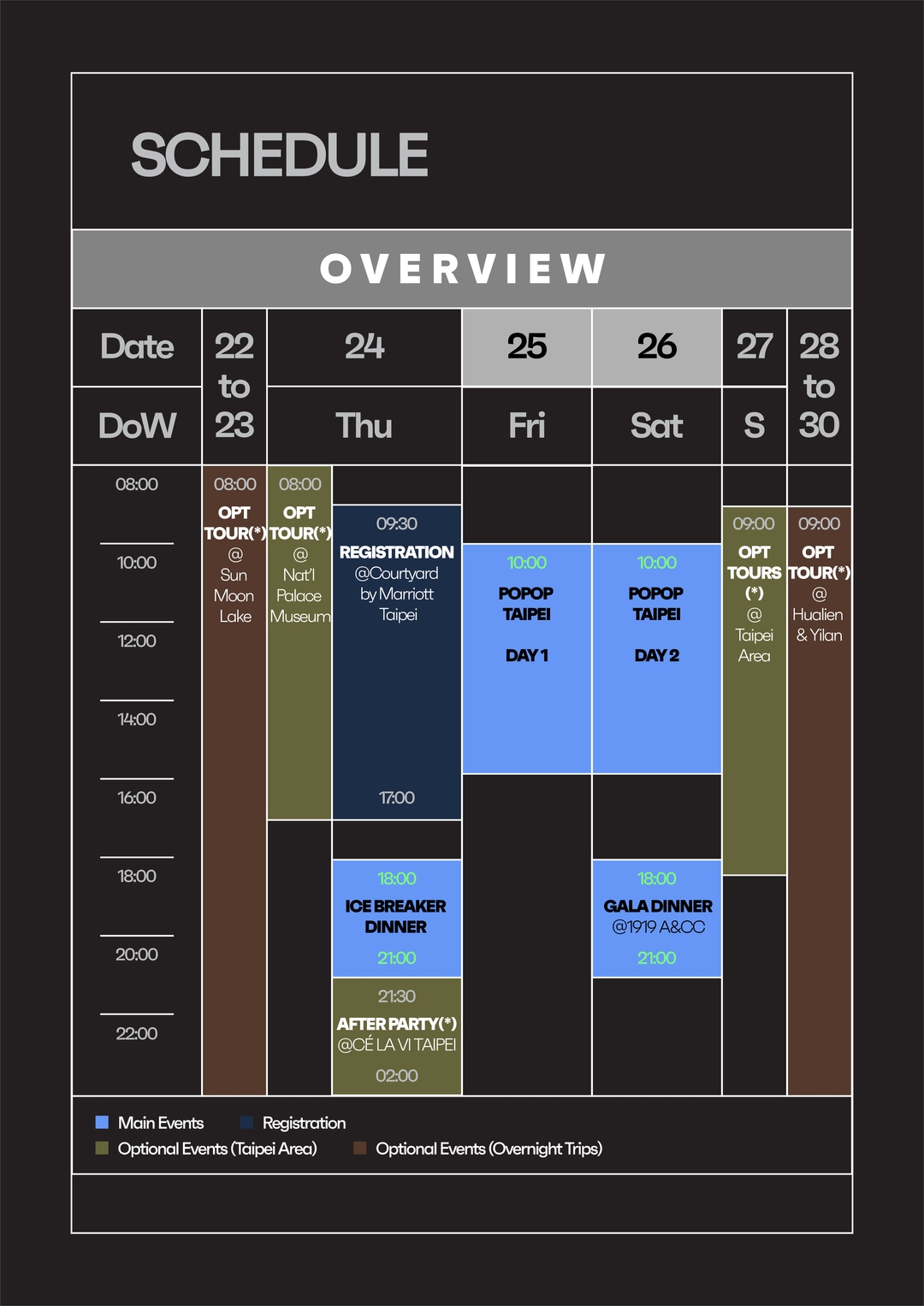 <p>All activities marked with an * such as optional tours, after parties, and optional events require separate tickets. Please visit <a href="https://mensa.oen.tw/events/2bw3xoGJCwig7vxaZRcRVFVqald" rel="noopener noreferrer" target="_blank">here</a> to make your purchase.</p>