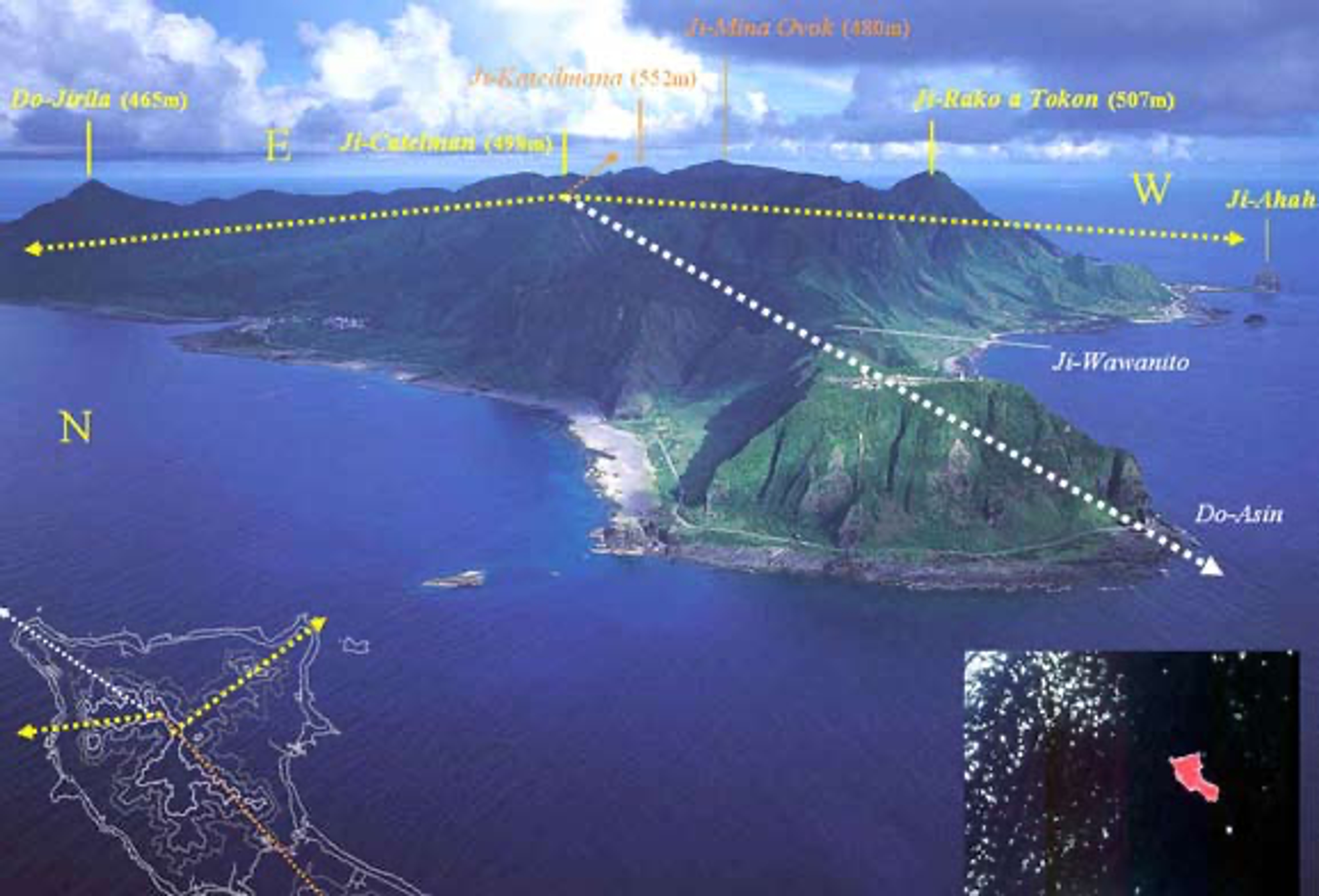 <p class="ql-align-center">蘭嶼空拍圖,以族語地名標列。(本頁圖片皆取自胡正恆網頁http://www.jacksonhu.tcu.edu.tw/myweb/)</p>