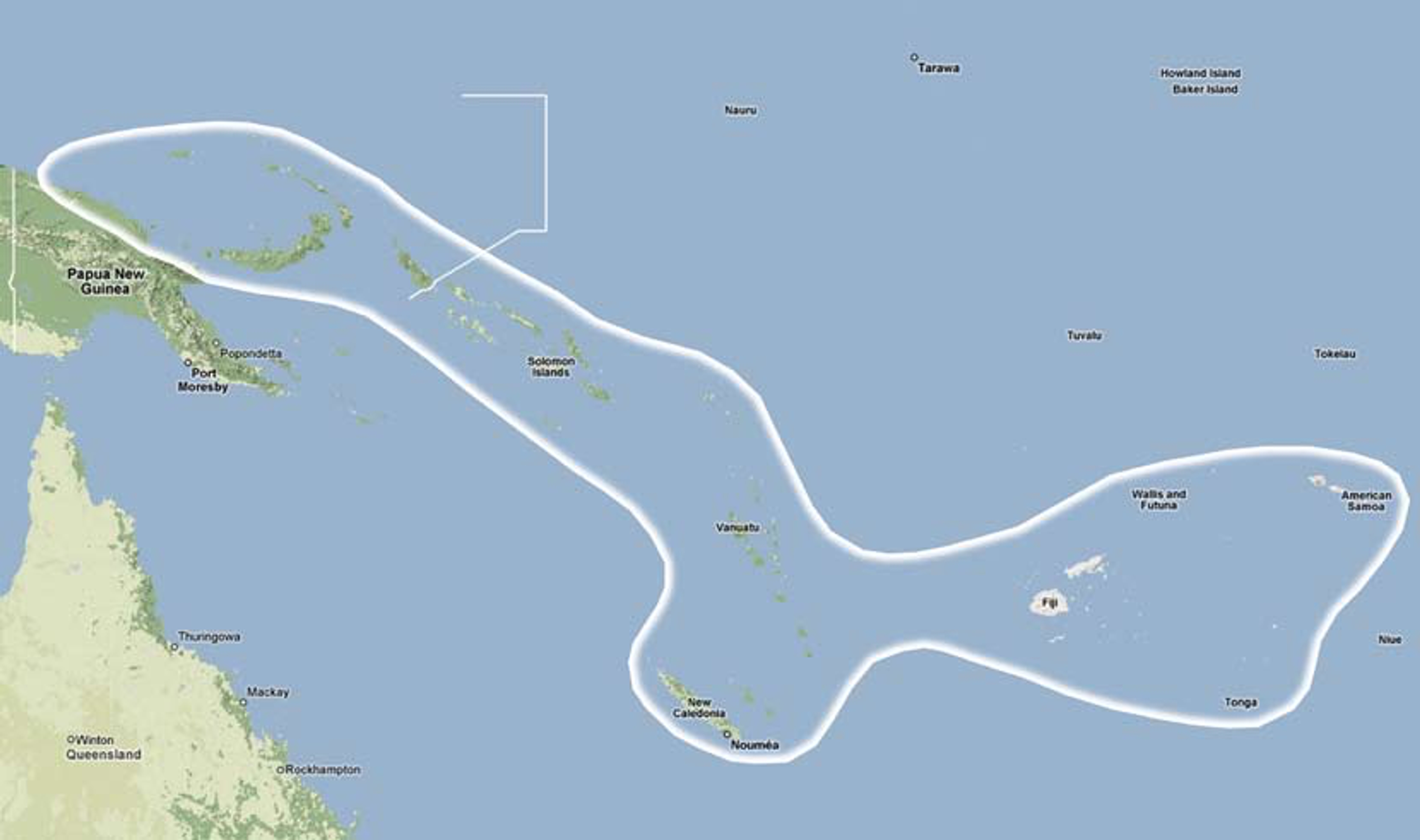 <p class="ql-align-center">地圖取材自Google Maps，白線範圍為Lapita陶器的主要分布區域。</p>