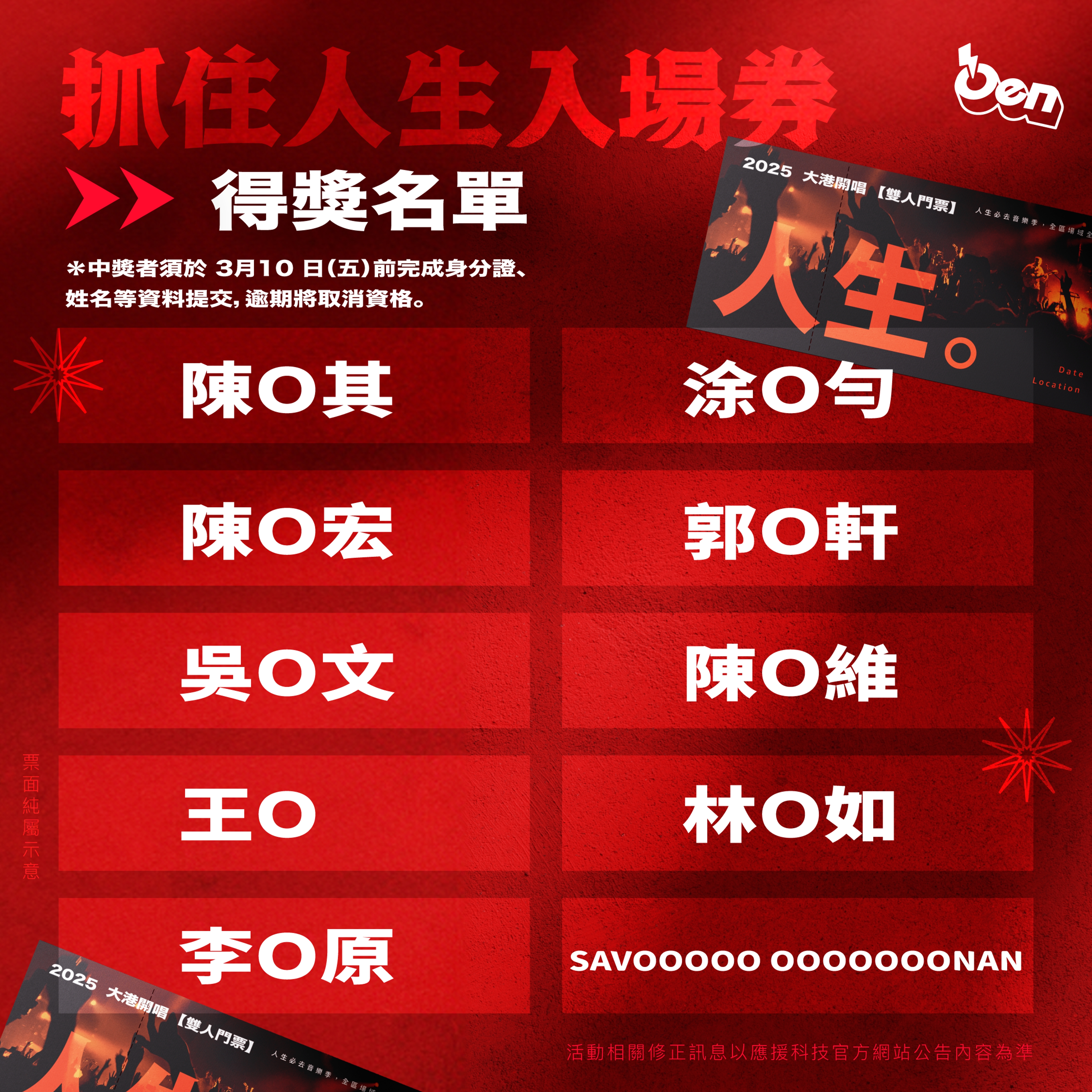 應援科技 2025 大港開唱 抽獎活動 幸運得主！