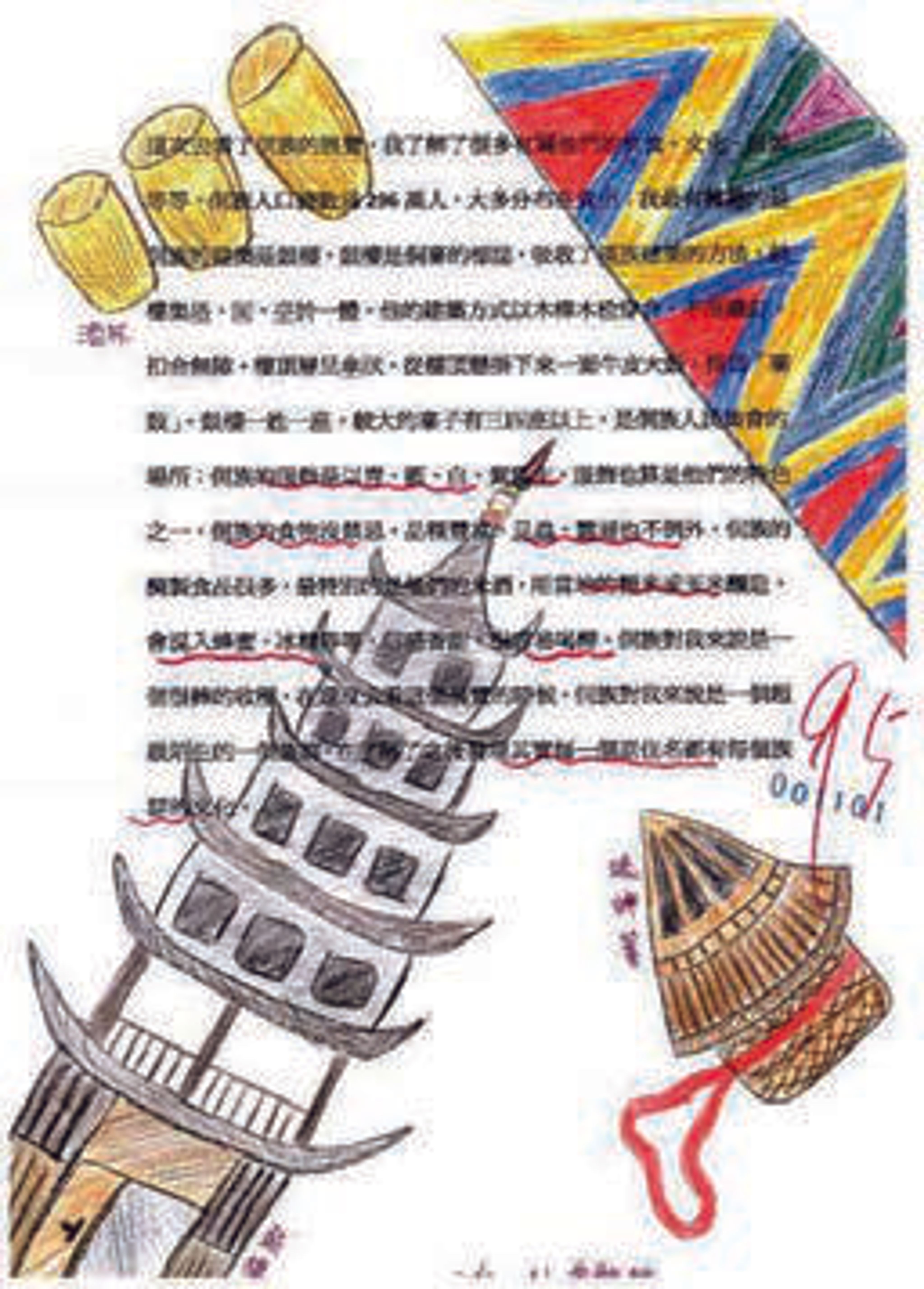 <p><span style="background-color: transparent;">「這次去看了侗族的展覽,我瞭解了很多有關他們飲食、文化、服裝等等,......。」 「我最有興趣的是侗族的建築是『鼓樓』,鼓樓是侗寨的標誌,鼓樓集塔、閣、亭於一體。 他的建築方式以木榫、木栓穿合,不用鐵釘、 扣合無隙。」</span></p>