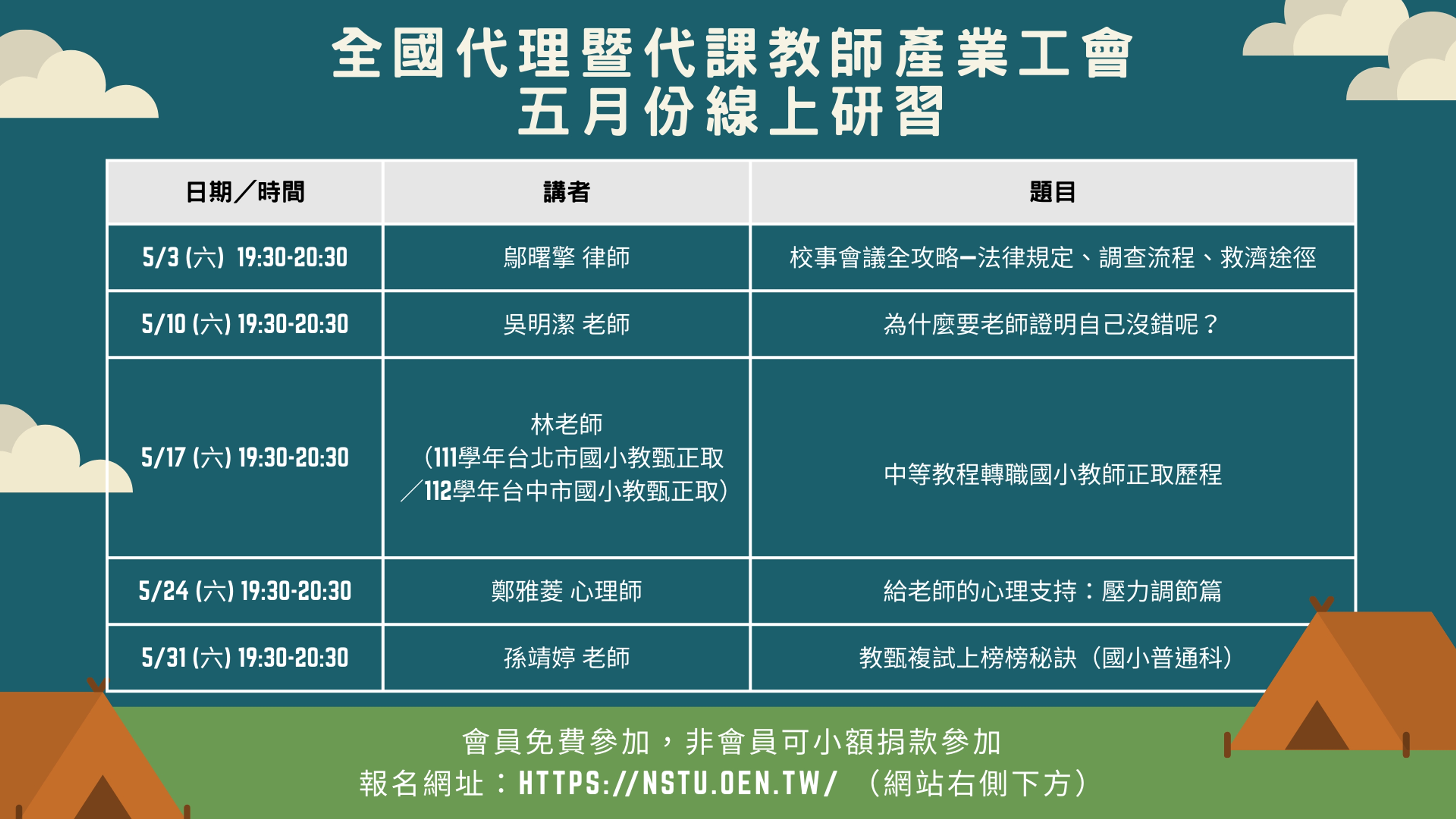 <h5 class="ql-align-center"><u>2025/04/21 更新公告,因故調整第一場次與第三場次的時間(兩場對換)</u></h5><h5 class="ql-align-center"><u>與原本公文上不同,以目前最新公告時間為主!謝謝大家諒解</u></h5><h5 class="ql-align-center"><br></h5><h5 class="ql-align-center">五月份各場線上研習</h5><p class="ql-align-center">一、 第1場:<strong><em>※原本5/17場次調整成5/3※</em></strong></p><p class="ql-align-center">(一) 研習主題:<span style="background-color: rgb(255, 255, 204);">校事會議全攻略—法律規定、調查流程、救濟途徑</span>。</p><p class="ql-align-center">(二) 時間:<strong>114年5月03日星期六晚上19:30~20:30。</strong></p><p class="ql-align-center">(三) 講師:志恩法律事務所鄔曙擎律師。</p><p class="ql-align-center">報名網址:<a href="https://nstu.oen.tw/events/2vn3yrXTsEsCKTzxmjaud97DbhC" rel="noopener noreferrer" target="_blank" style="color: inherit;">https://nstu.oen.tw/events/2vn3yrXTsEsCKTzxmjaud97DbhC</a></p><p class="ql-align-center"><br></p><p class="ql-align-center">二、 第2場:</p><p class="ql-align-center">(一) 研習主題:<span style="background-color: rgb(255, 255, 204);">為什麼要老師證明自己沒錯呢?</span></p><p class="ql-align-center">(二) 時間:114年5月10日星期六晚上19:30~20:30。</p><p class="ql-align-center">(三) 講師:國立竹北高級中學吳明潔老師。(Edu-lawyer【校園.法律.生活事】)</p><p class="ql-align-center">報名網址:<a href="https://nstu.oen.tw/events/2vn3YVhVq2bkk7hgvkKCbHCcOIz" rel="noopener noreferrer" target="_blank" style="color: inherit;">https://nstu.oen.tw/events/2vn3YVhVq2bkk7hgvkKCbHCcOIz</a></p><p class="ql-align-center"><br></p><p class="ql-align-center"><br></p><p class="ql-align-center">三、 第3場:<strong><em>※原本5/3場次調整成5/17※</em></strong></p><p class="ql-align-center">(一) 研習主題:<span style="background-color: rgb(255, 255, 204);">中等教程轉職國小教師正取歷程</span>。</p><p class="ql-align-center">(二) 時間:<strong>114年5月17日星期六晚上19:30~20:30。</strong></p><p class="ql-align-center">(三) 講師:台中市國小正式教師 林老師。(111學年台北市國小教甄正取/112學年台中市國小教甄正取/ 國小教師證加註英語專長/ 中等教師證國高中英語文)</p><p class="ql-align-center">報名網址:https://nstu.oen.tw/events/2vn23NyRfLOYfRqDQrdrY7jr4xv</p><p class="ql-align-center"><br></p><p class="ql-align-center"><br></p><p class="ql-align-center">四、 第4場:</p><p class="ql-align-center">(一) 研習主題:<span style="background-color: rgb(255, 255, 204);">給老師的心理支持:壓力調節篇</span>。</p><p class="ql-align-center">(二) 時間:114年5月24日星期六晚上19:30~20:30。</p><p class="ql-align-center">(三) 講師:鄭雅菱心理師(毛蟲藝術心理諮商所/交感身心診所)。</p><p class="ql-align-center">報名網址:<a href="https://nstu.oen.tw/events/2vn4FuhxtoLqmTk2pZ42IBqzCy9" rel="noopener noreferrer" target="_blank" style="color: inherit;">https://nstu.oen.tw/events/2vn4FuhxtoLqmTk2pZ42IBqzCy9</a></p><p class="ql-align-center"><br></p><p class="ql-align-center">五、 第5場:</p><p class="ql-align-center">(一) 研習主題:<span style="background-color: rgb(255, 255, 204);">教甄複試上榜榜秘訣(國小普通科)</span>。</p><p class="ql-align-center">(二) 時間:114年5月31日星期六晚上19:30~20:30。</p><p class="ql-align-center">(三) 講師:臺北市萬華區新和國民小學孫靖婷教師。</p><p class="ql-align-center">報名網址:<a href="https://nstu.oen.tw/events/2vn4VN47bZz5EwakXB7JMlC8n6X" rel="noopener noreferrer" target="_blank" style="color: inherit;">https://nstu.oen.tw/events/2vn4VN47bZz5EwakXB7JMlC8n6X</a></p><p class="ql-align-center"><br></p>