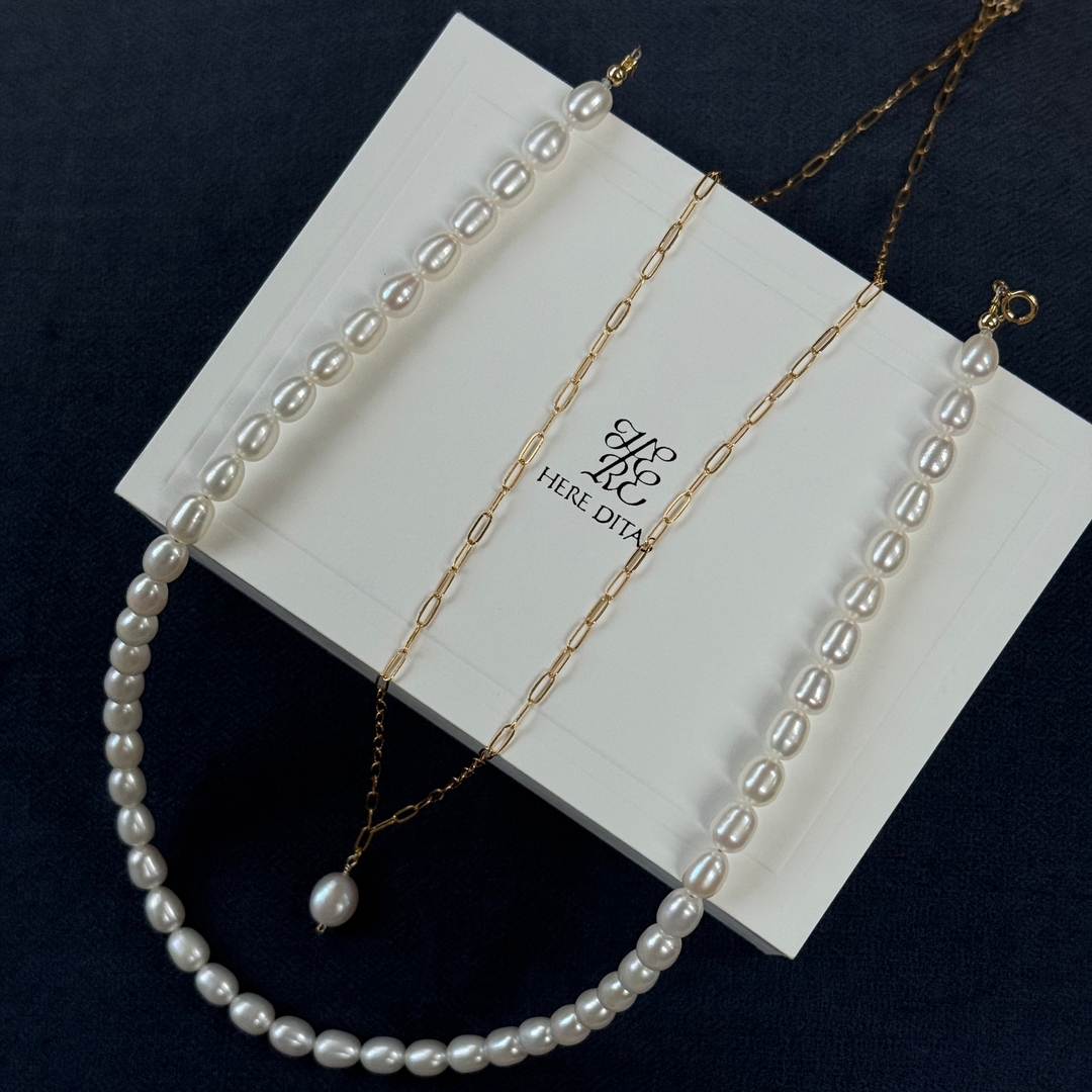 HERE DITAS PEARL DOUBLE NECKLACE 金項鍊組(現貨)