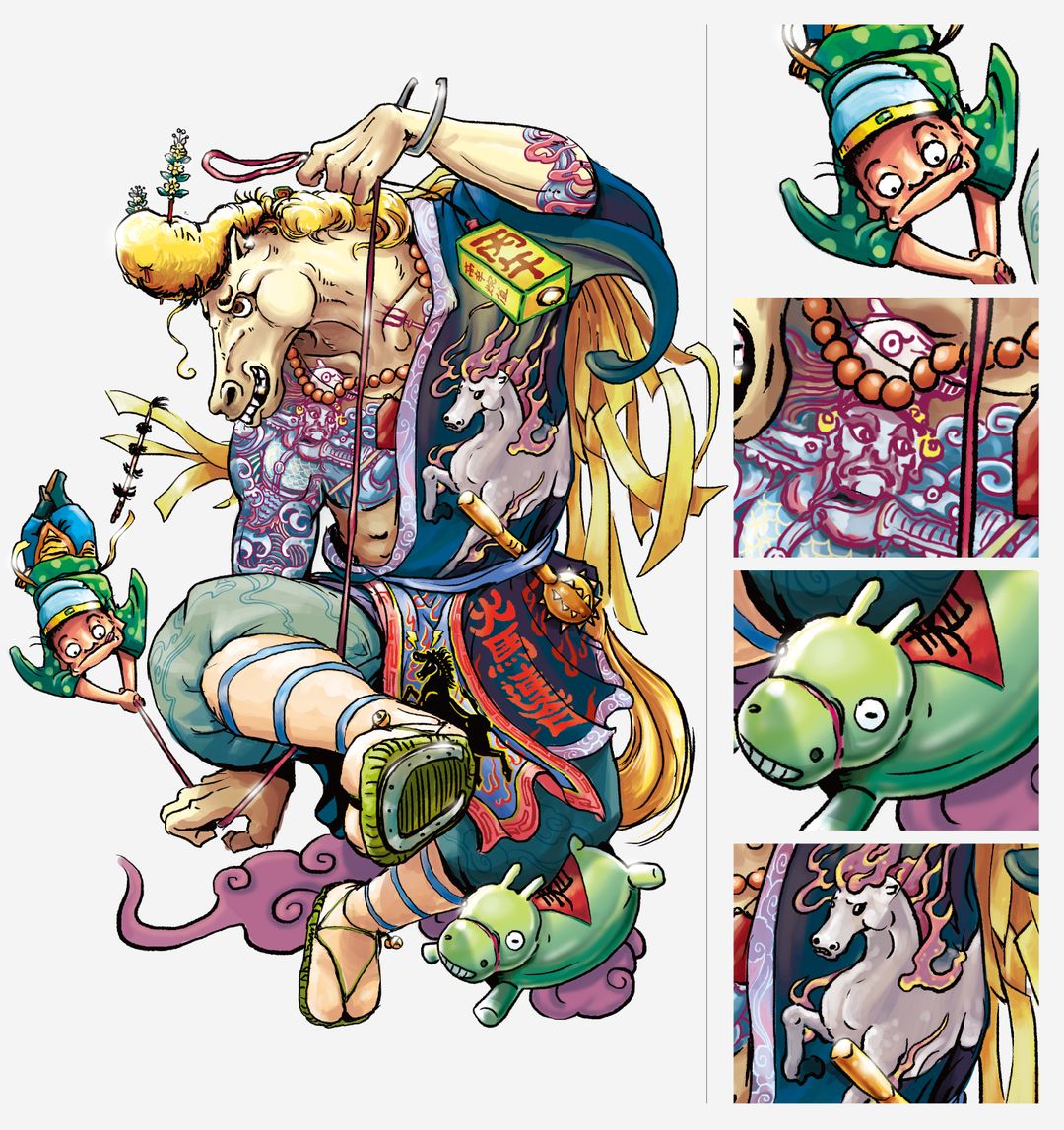 <p><strong><u>馬使賀歲領白駒,神駒脫韁著華服; 腳踏鐵蹄金花簪,春回大地慶丙午。</u></strong></p><p><br></p><p>丙午為火馬年。野馬大力拉扯馬使爺,原本牽馬的馬使爺一下被大力拉到空中,祝大家今年都有個狂野而且自由的心靈。細節可見致敬知名IP的火馬、彈跳馬還有作者馬爺的刺青,同時神馬的頭上還插有金花。</p><p><br></p><p>放心,馬使和野馬依然是互相拉扯的好夥伴(?)</p>