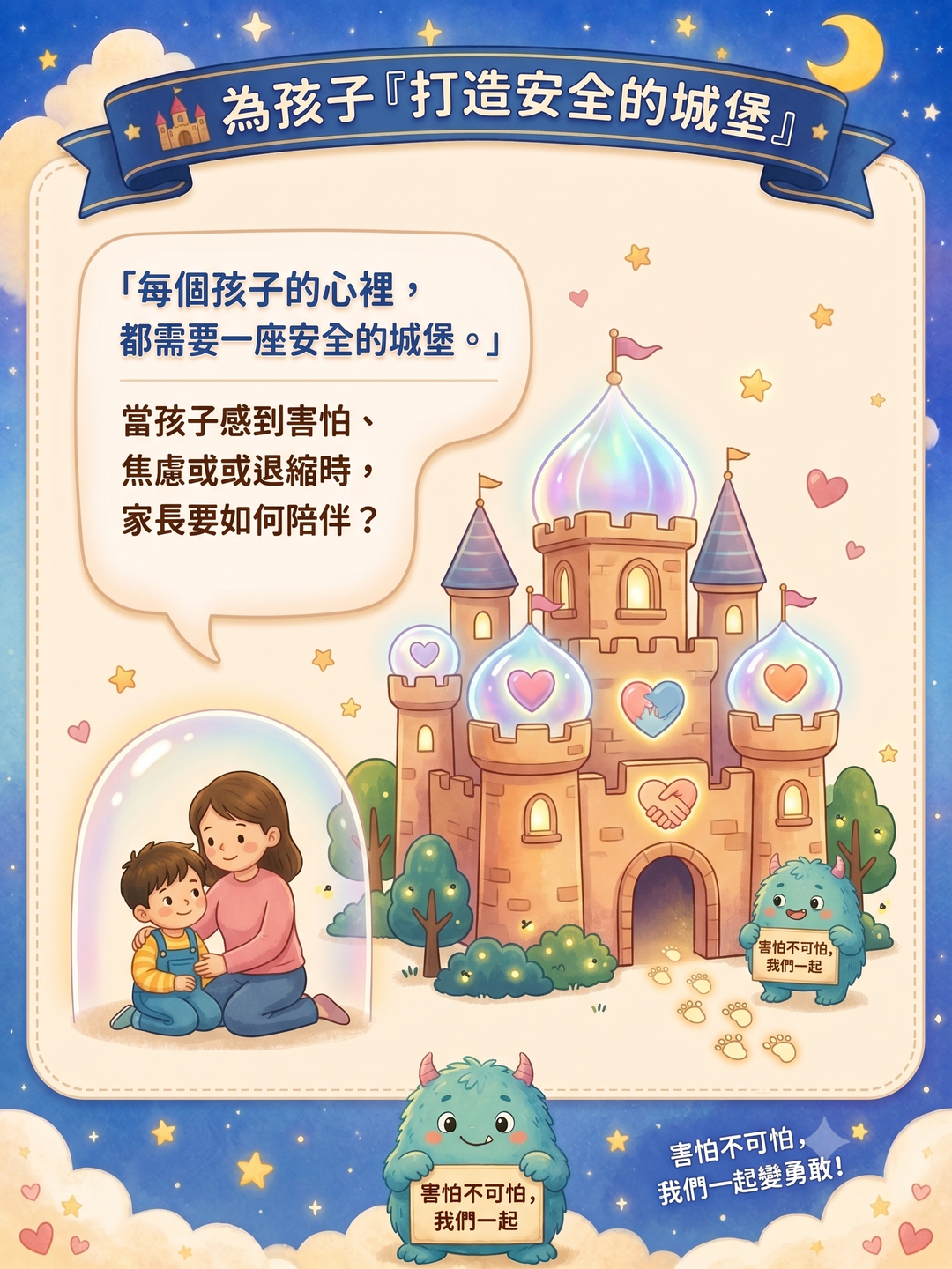 <p>透課程過專業心理師與社工師的引導，</p><p><strong>結合繪本導讀 × 親子對話 × 情緒覺察 × 創意手作體驗</strong>，</p><p>陪伴您與孩子一起「認識害怕、找到安心的力量」。</p><p>歡迎爸爸媽媽帶著孩子一起來，</p><p>親手為孩子打造一座安心的城堡！</p>